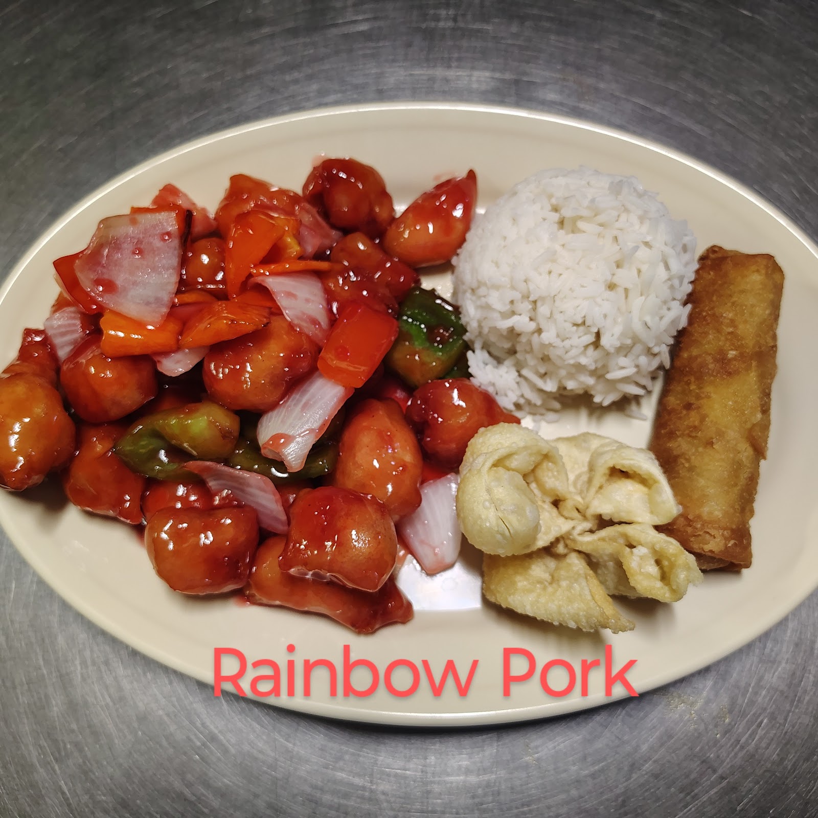 Rainbow Pork entree with rice and an egg roll